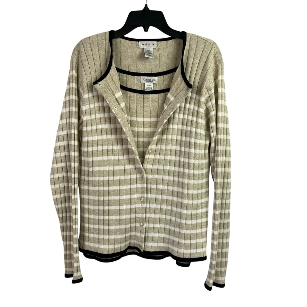 Van Heusen Knit Cardigan Tank Top Set Beige Stripe 2 Piece XL - Picture 2 of 15